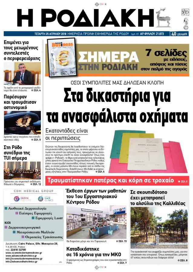 Πρωτοσέλιδο εφημερίδας Ροδιακή
