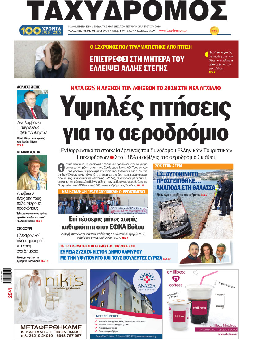 Πρωτοσέλιδο εφημερίδας Ταχυδρόμος