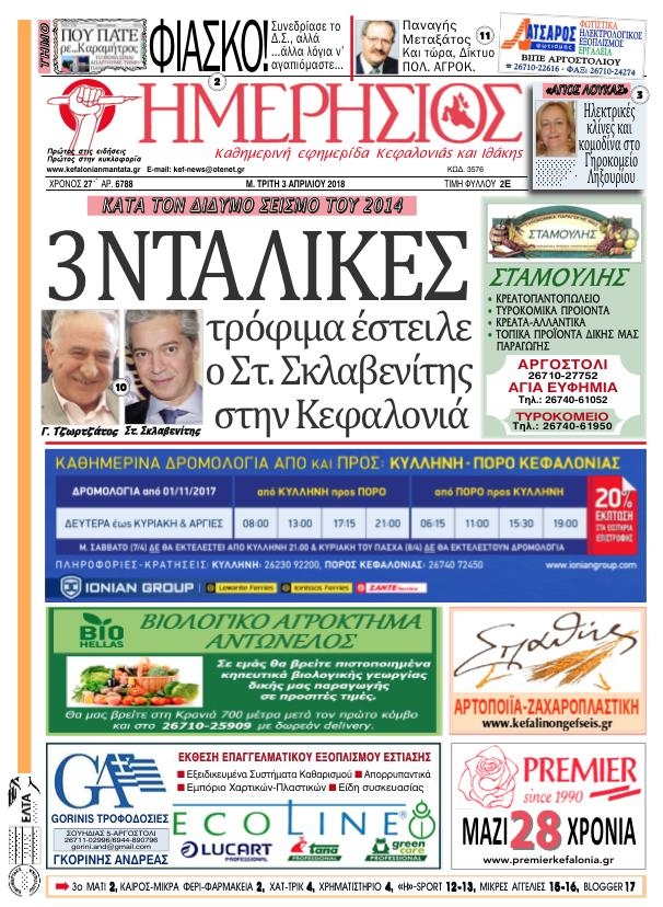 Πρωτοσέλιδο εφημερίδας Ημερήσιος