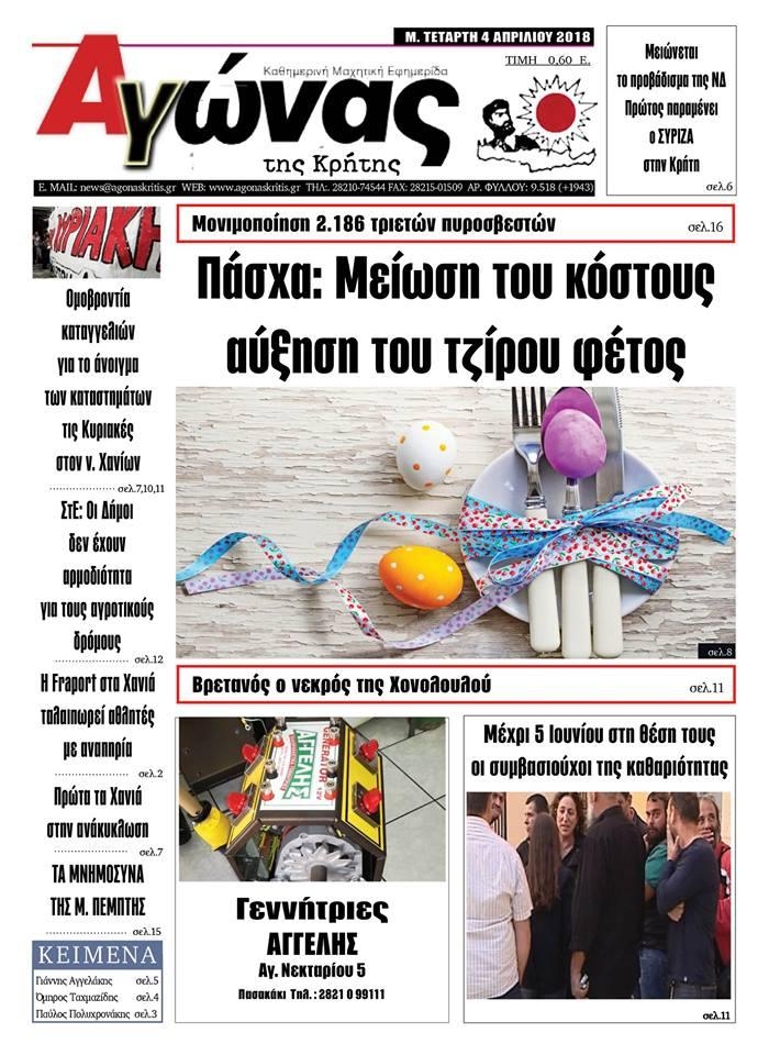 Πρωτοσέλιδο εφημερίδας Αγώνας της Κρήτης