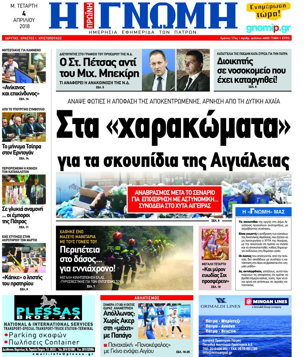 Πρωτοσέλιδο εφημερίδας Γνώμη της Πάτρας