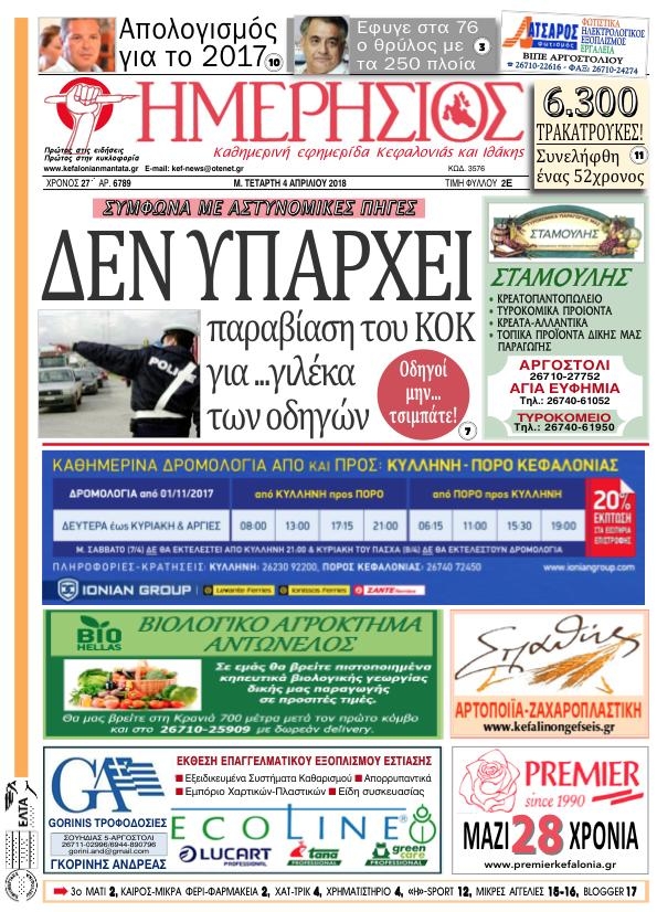Πρωτοσέλιδο εφημερίδας Ημερήσιος