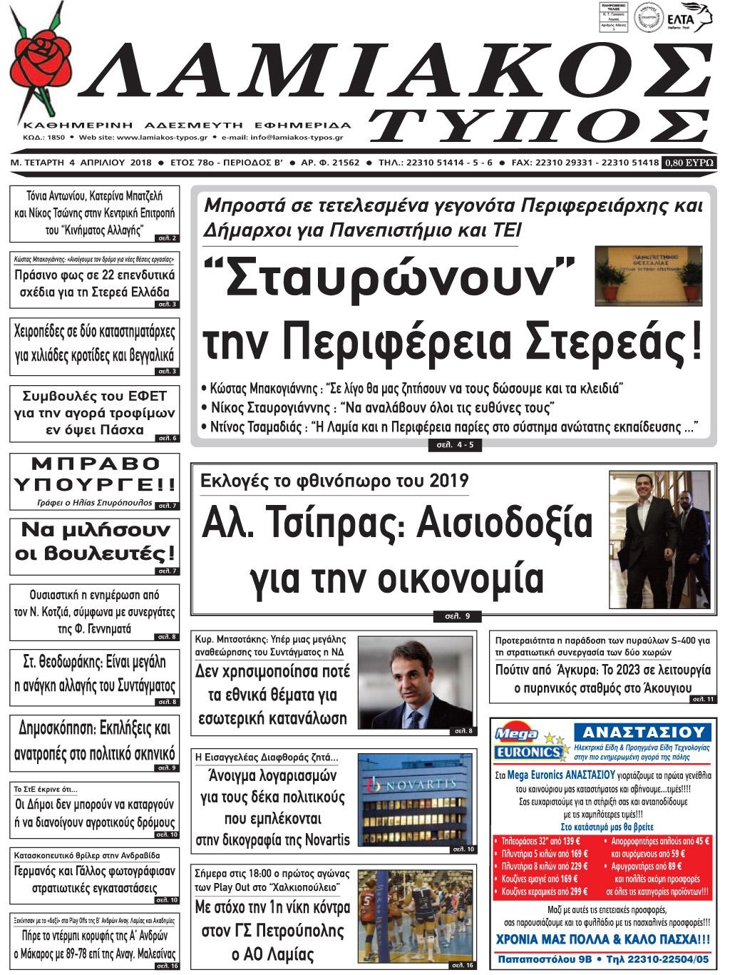 Πρωτοσέλιδο εφημερίδας Λαμιακός Τύπος