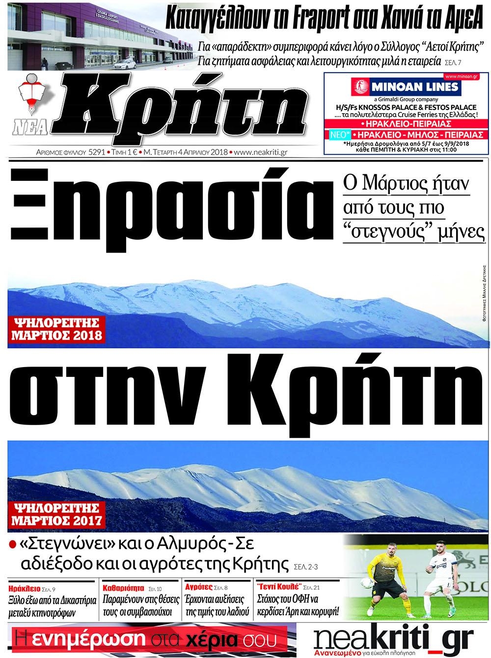 Πρωτοσέλιδο εφημερίδας Νέα Κρήτη