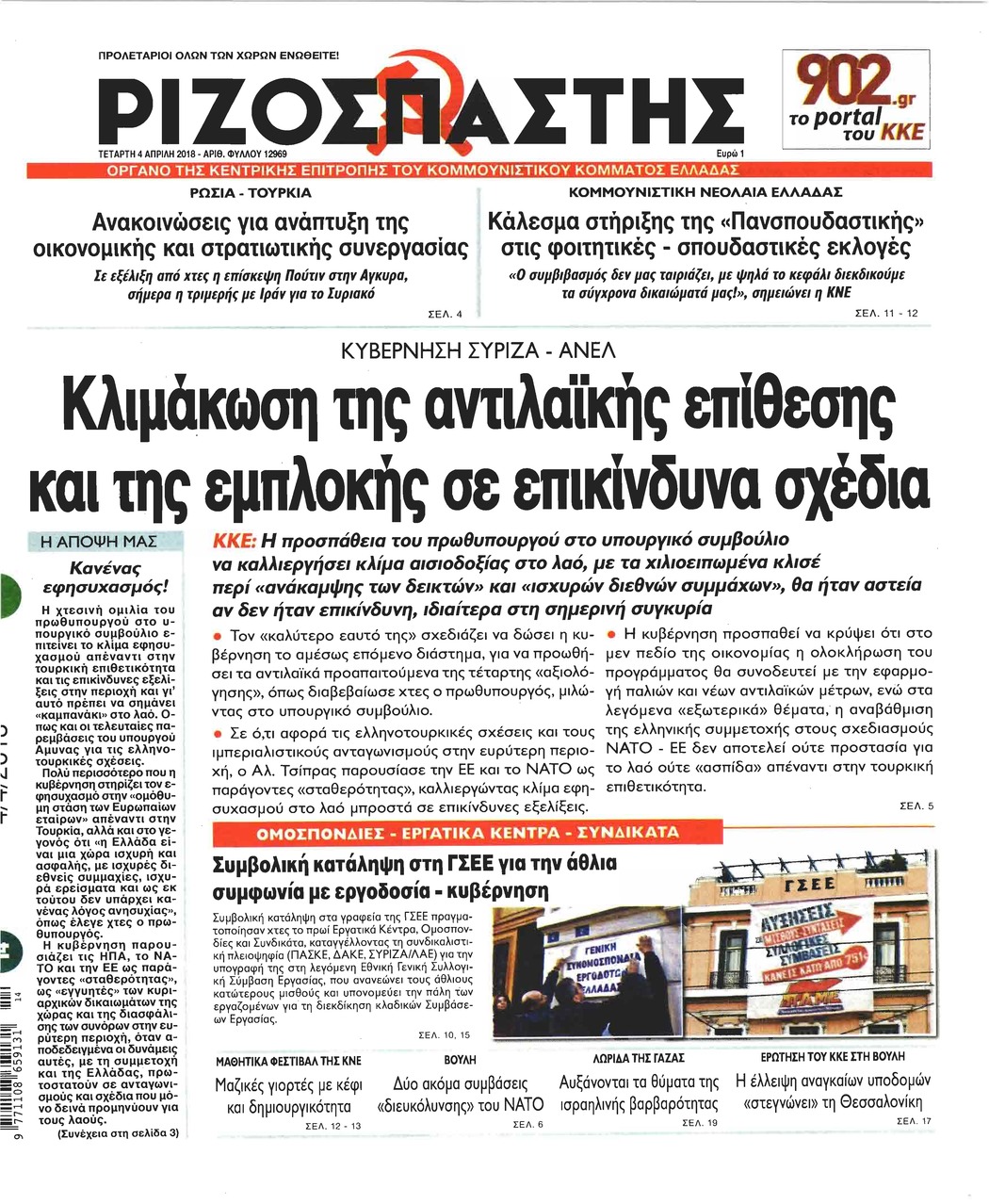 Πρωτοσέλιδο εφημερίδας Ριζοσπάστης