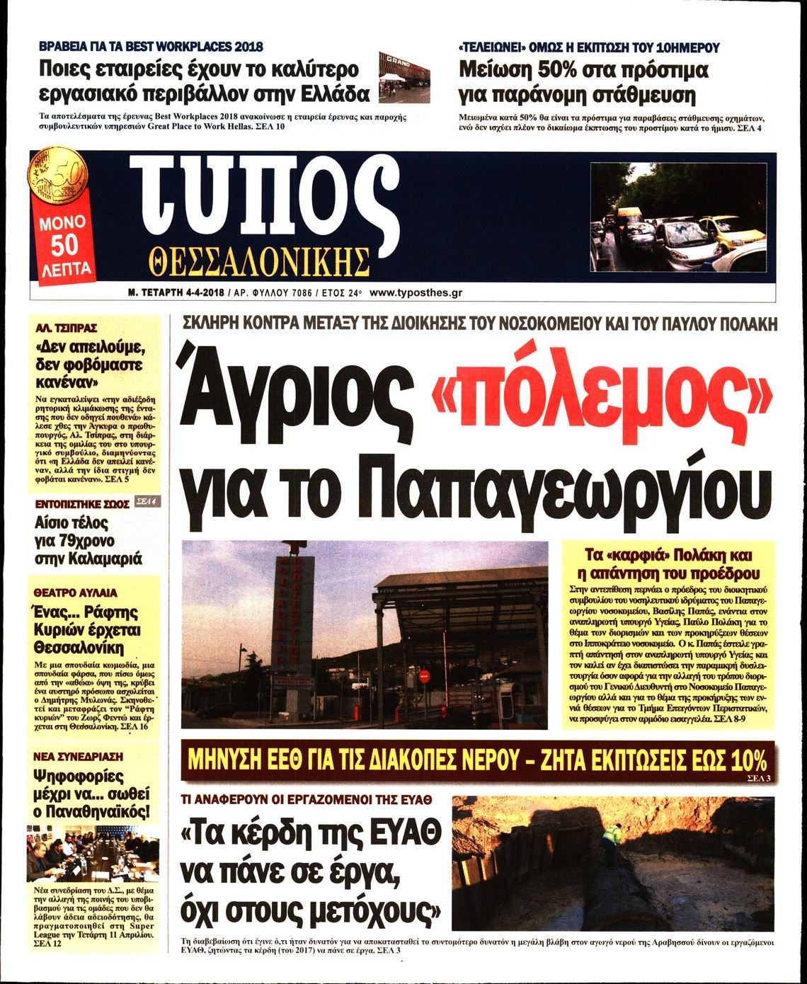 Πρωτοσέλιδο εφημερίδας Τύπος Θεσσαλονίκης