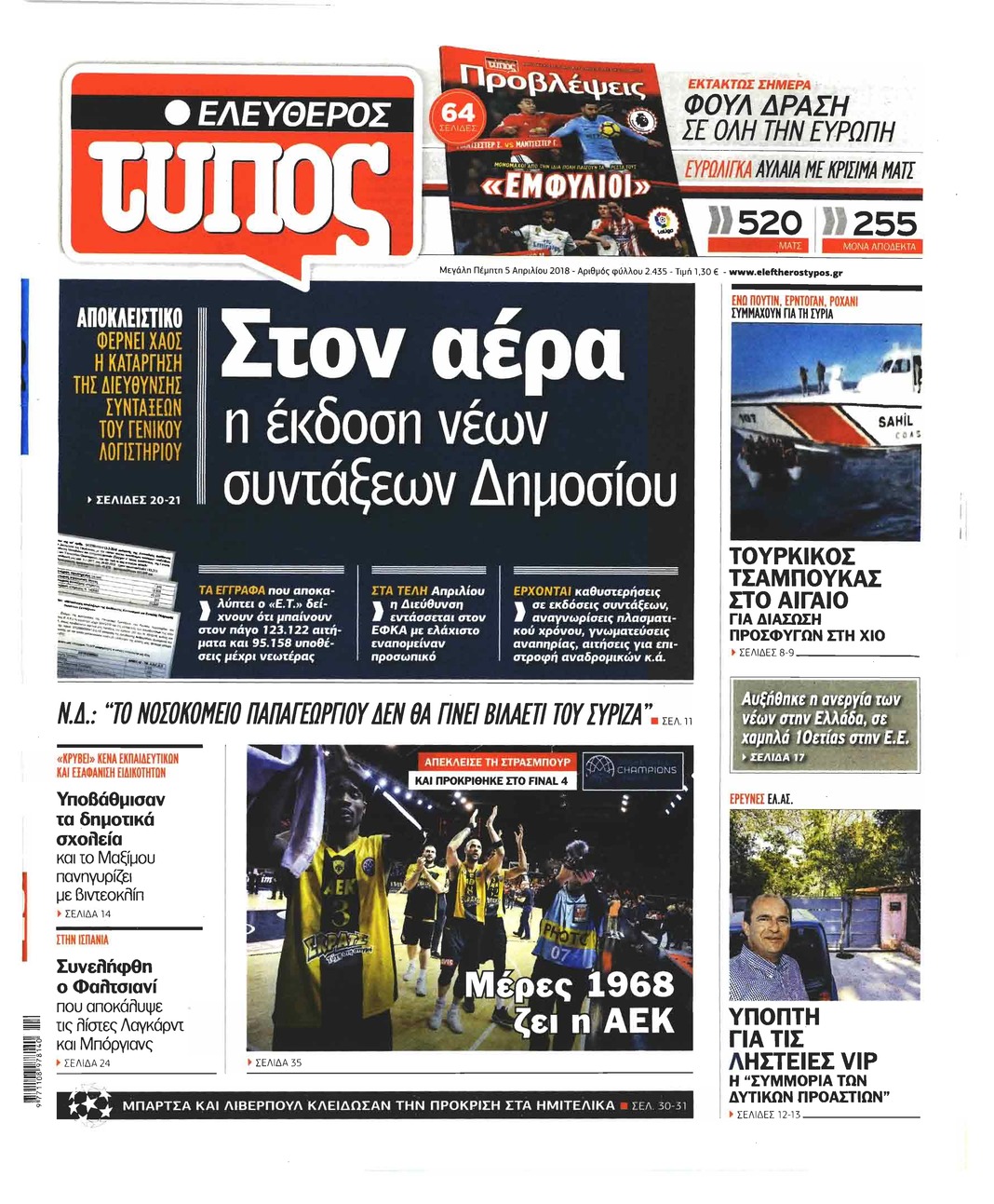 Πρωτοσέλιδο εφημερίδας Ελεύθερος Τύπος