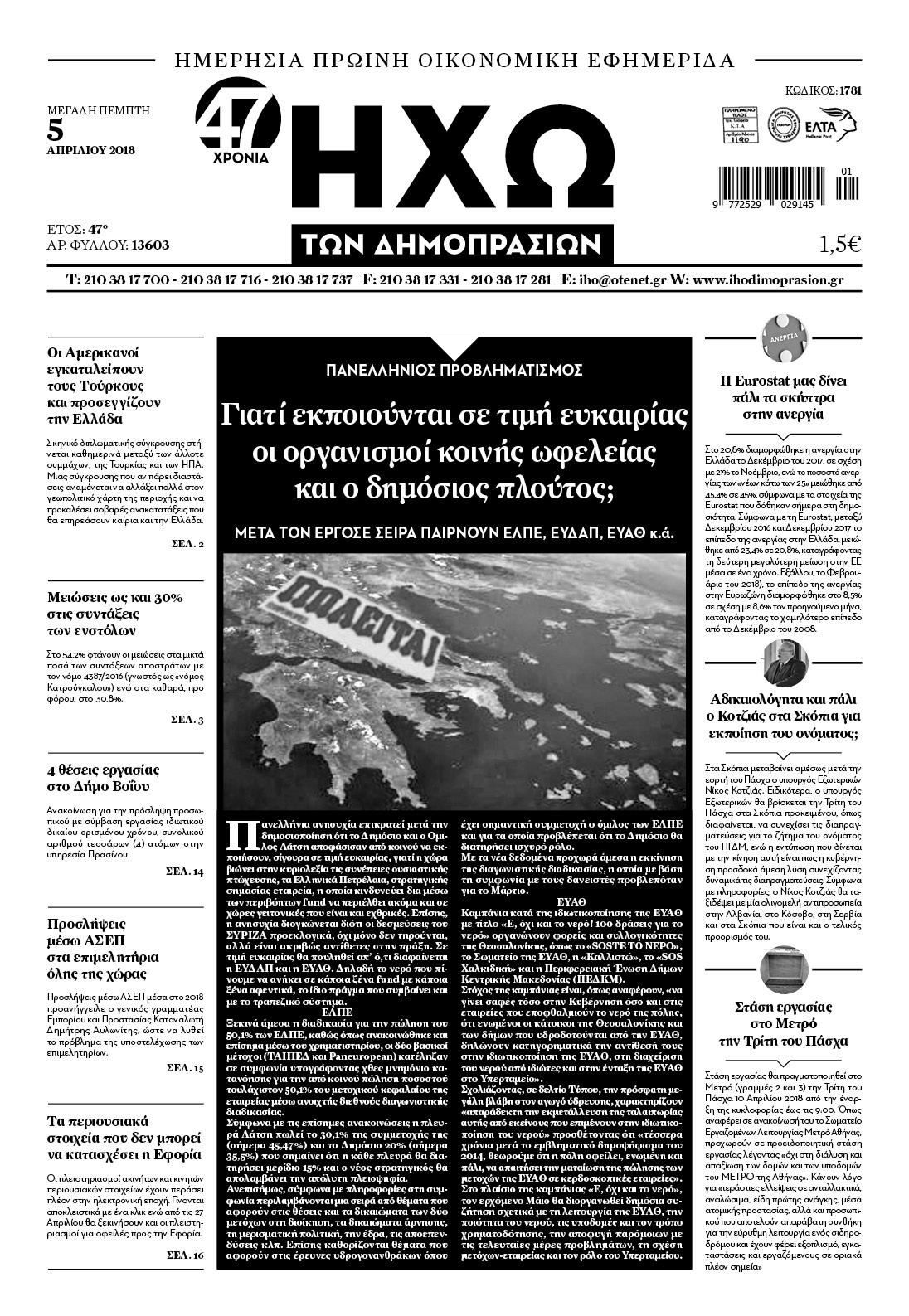 Πρωτοσέλιδο εφημερίδας Ηχώ