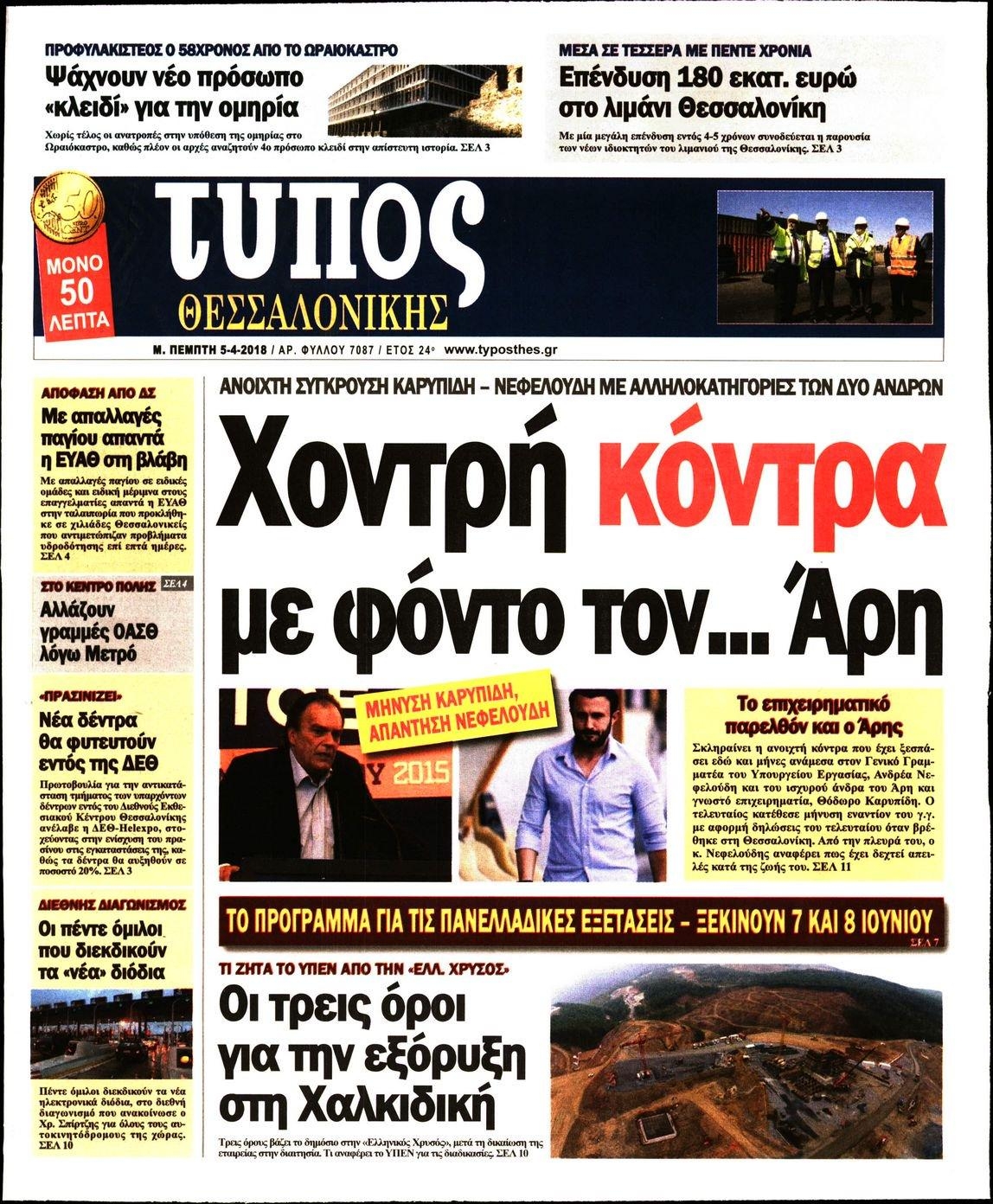 Πρωτοσέλιδο εφημερίδας Τύπος Θεσσαλονίκης
