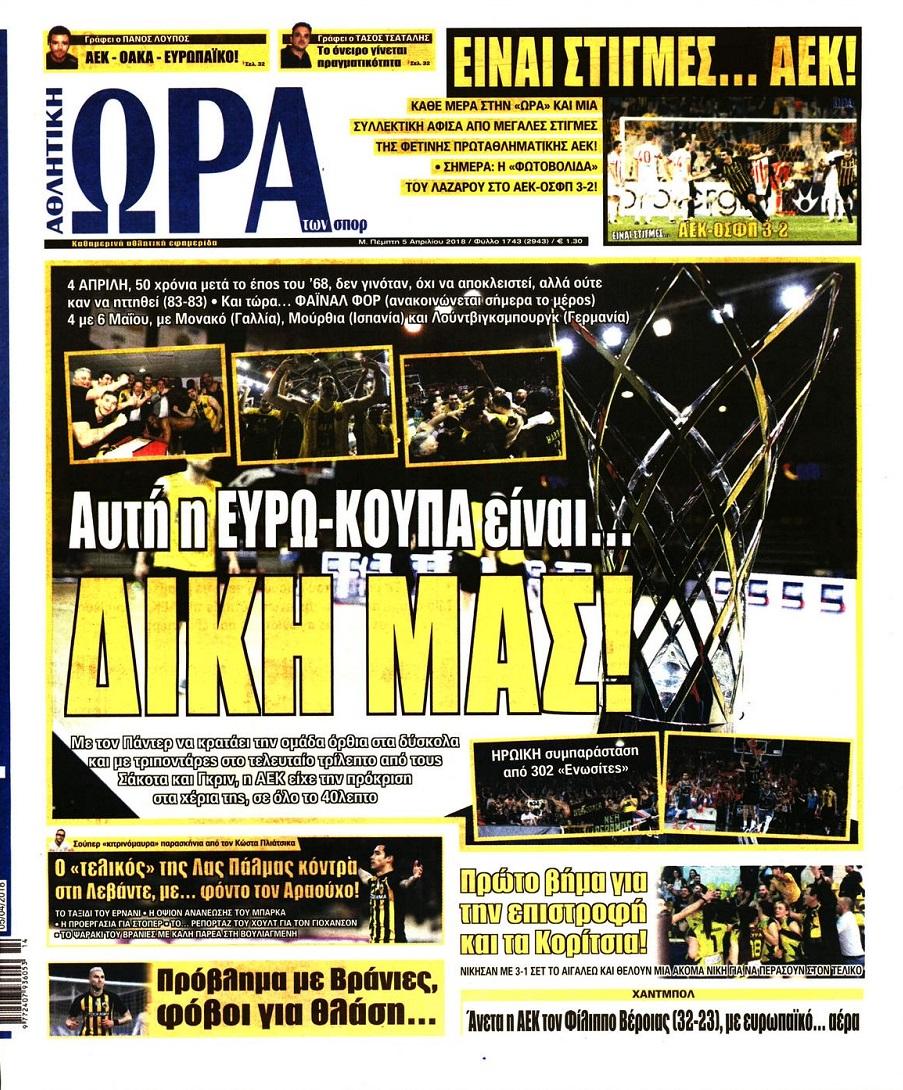 Πρωτοσέλιδο εφημερίδας Η ώρα των Σπορ