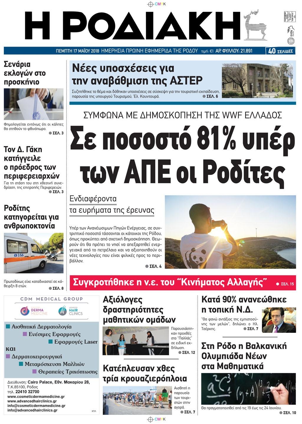 Πρωτοσέλιδο εφημερίδας Ροδιακή