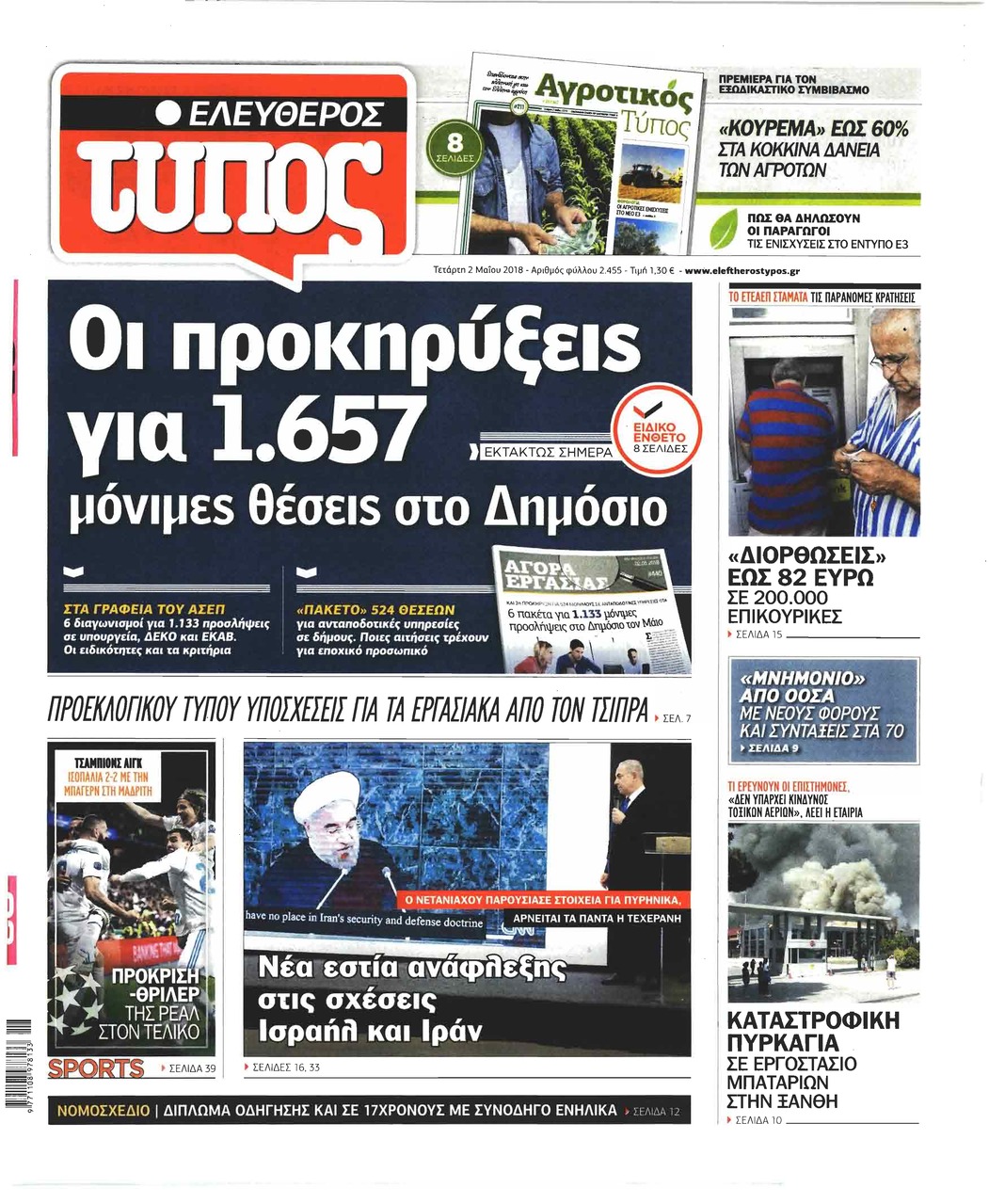 Πρωτοσέλιδο εφημερίδας Ελεύθερος Τύπος