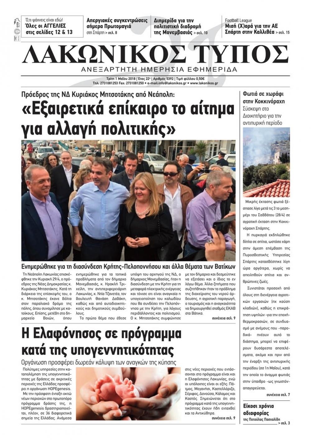 Πρωτοσέλιδο εφημερίδας Λακωνικός Τύπος