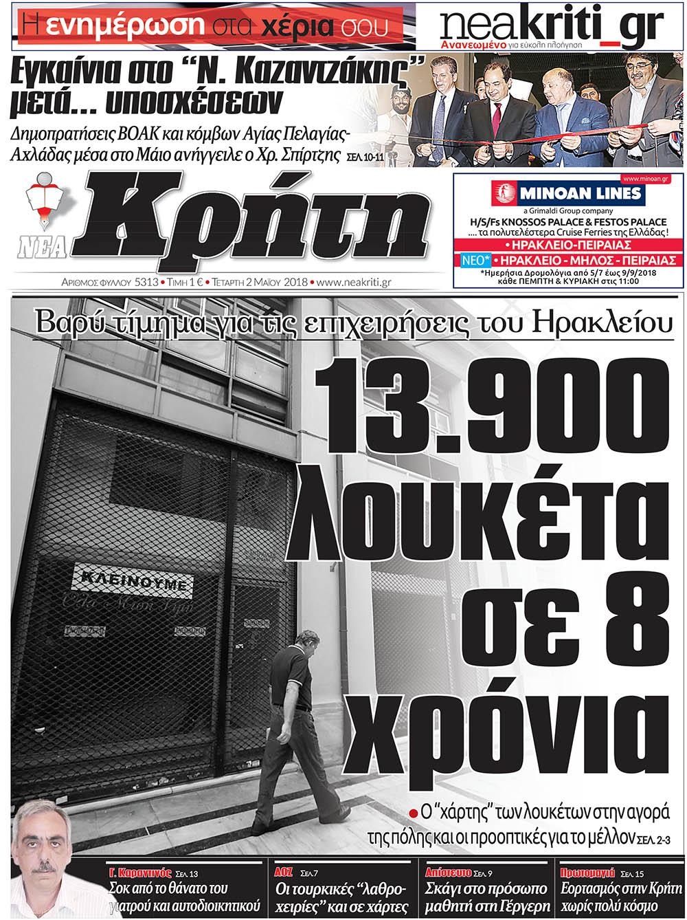 Πρωτοσέλιδο εφημερίδας Νέα Κρήτη
