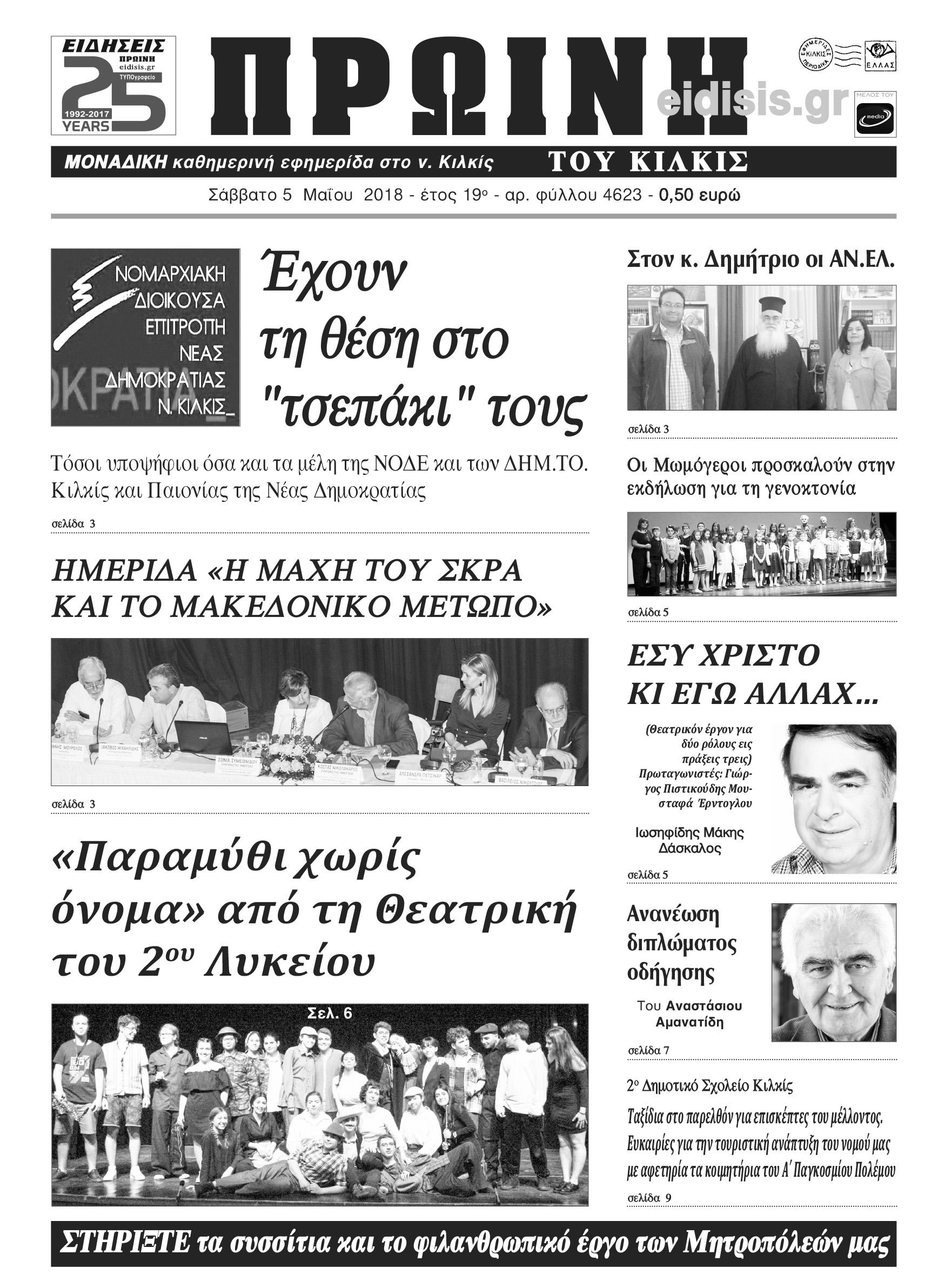 Πρωτοσέλιδο εφημερίδας Πρωινή Κιλκίς