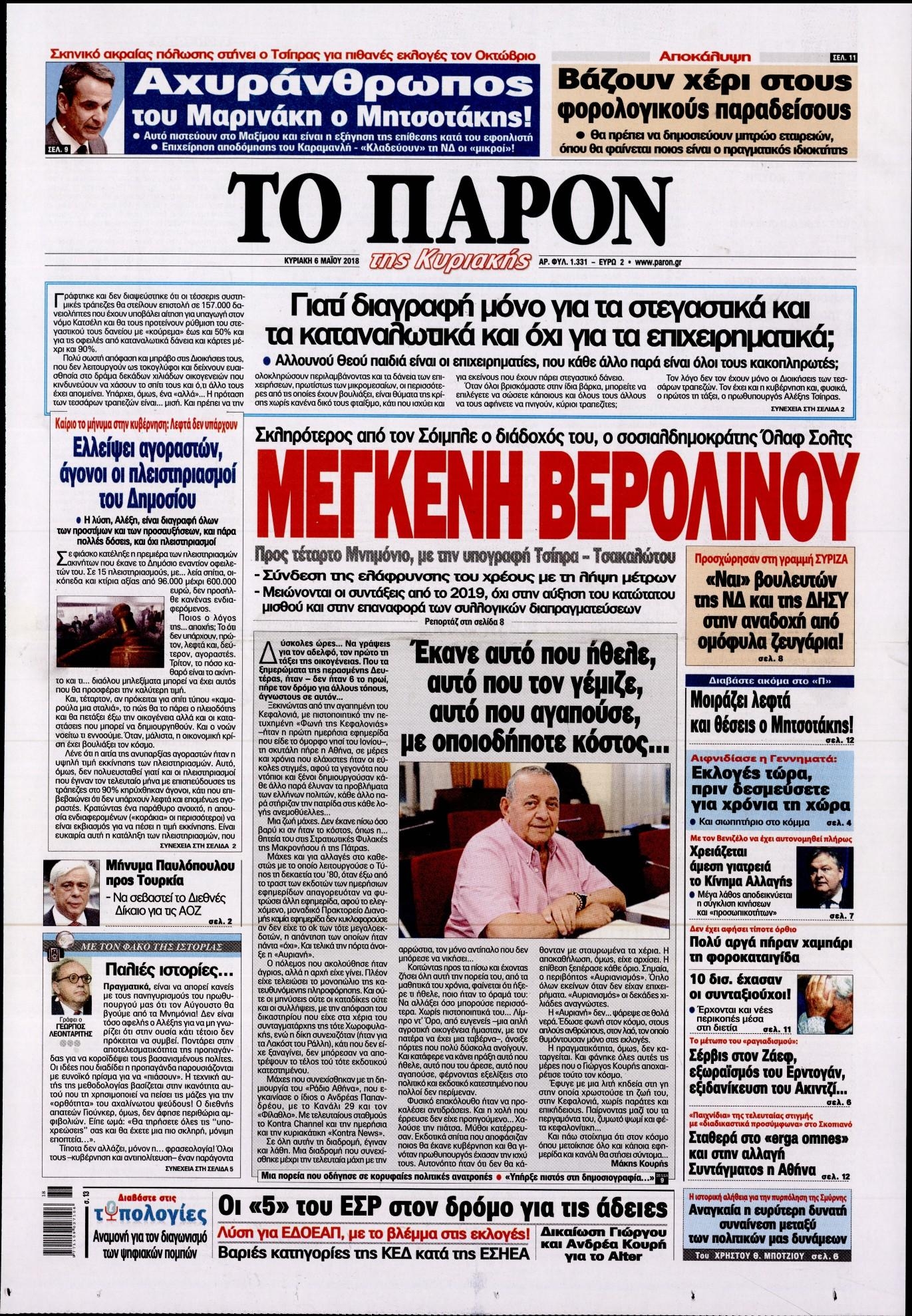 Πρωτοσέλιδο εφημερίδας Το Παρόν