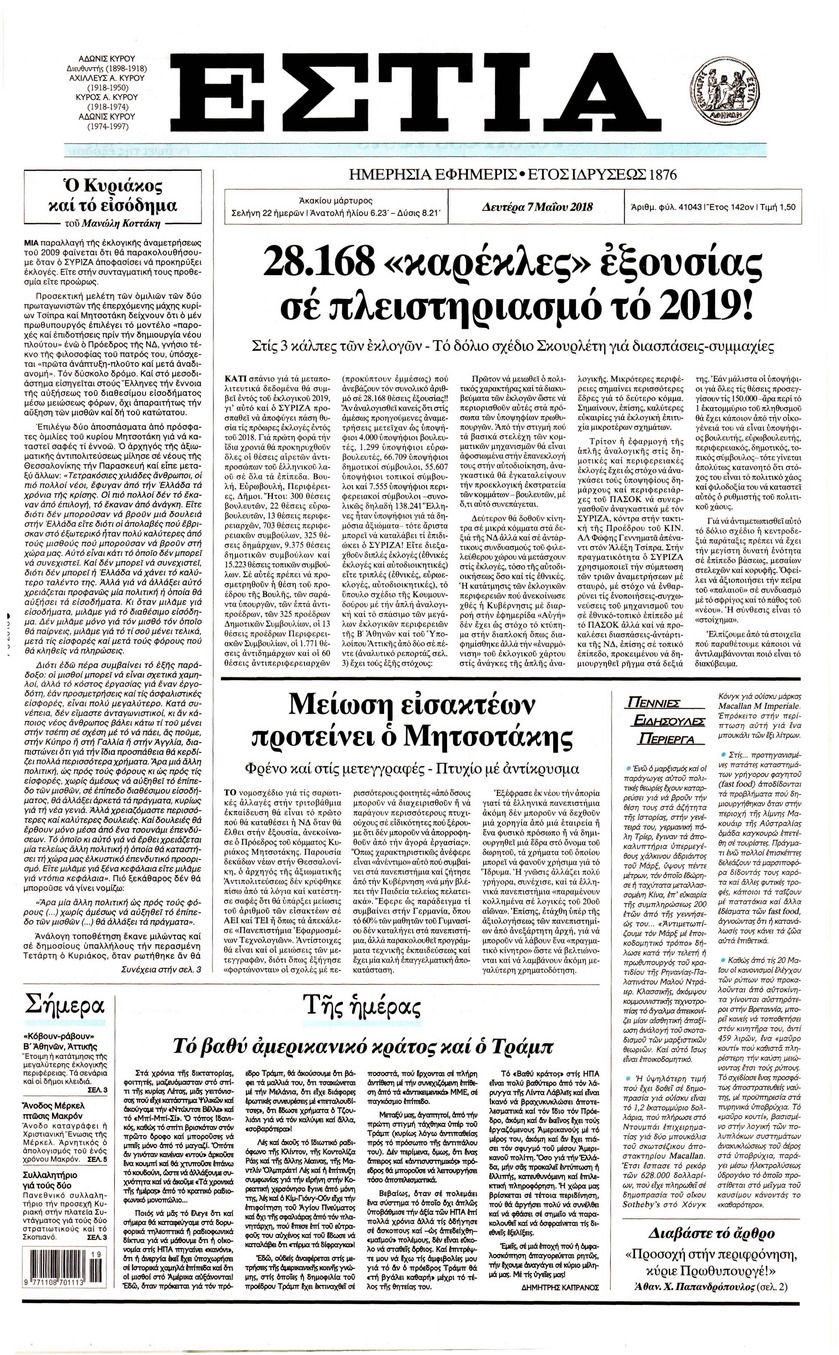 Πρωτοσέλιδο εφημερίδας Εστία