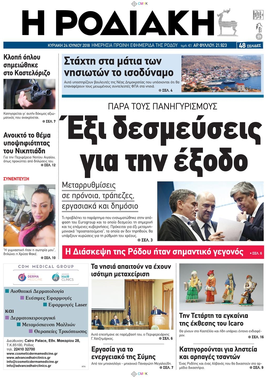 Πρωτοσέλιδο εφημερίδας Ροδιακή 09/09/2026