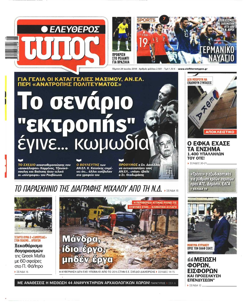 Πρωτοσέλιδο εφημερίδας Ελεύθερος Τύπος 13/09/2026