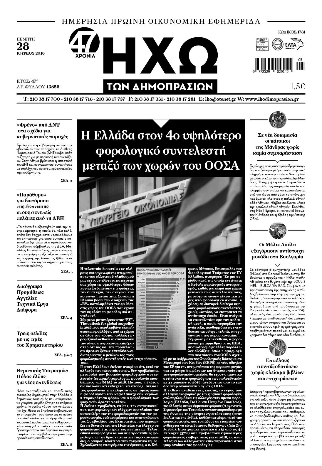 Πρωτοσέλιδο εφημερίδας Ηχώ 13/09/2026