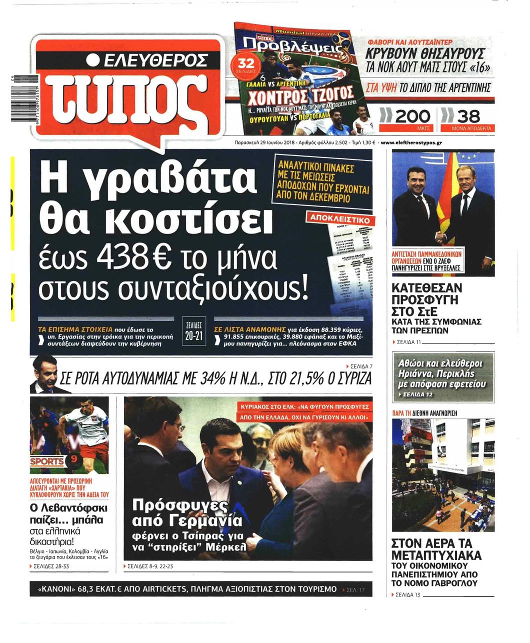 Πρωτοσέλιδο εφημερίδας Ελεύθερος Τύπος