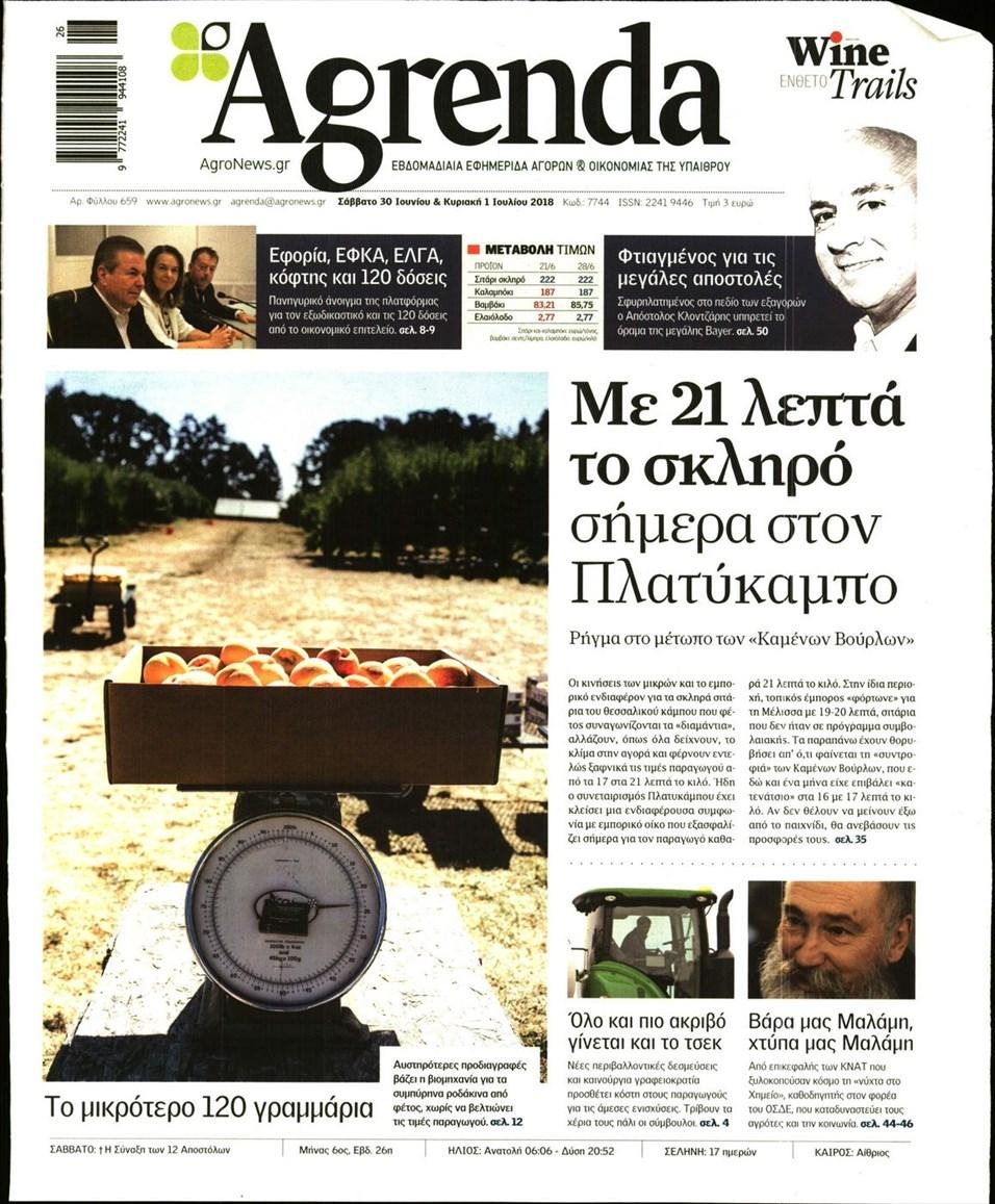 Πρωτοσέλιδο εφημερίδας Agrenda 15/09/2026