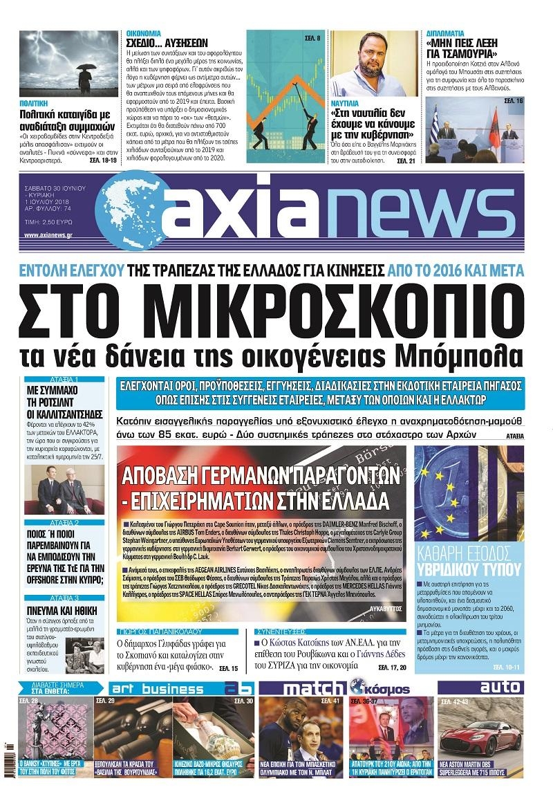 Πρωτοσέλιδο εφημερίδας Αξία News 15/09/2026