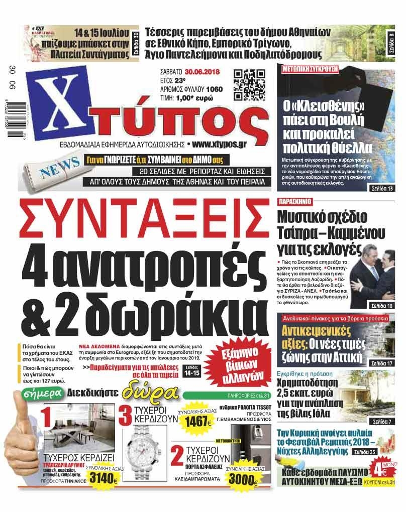 Πρωτοσέλιδο εφημερίδας Χτύπος 15/09/2026