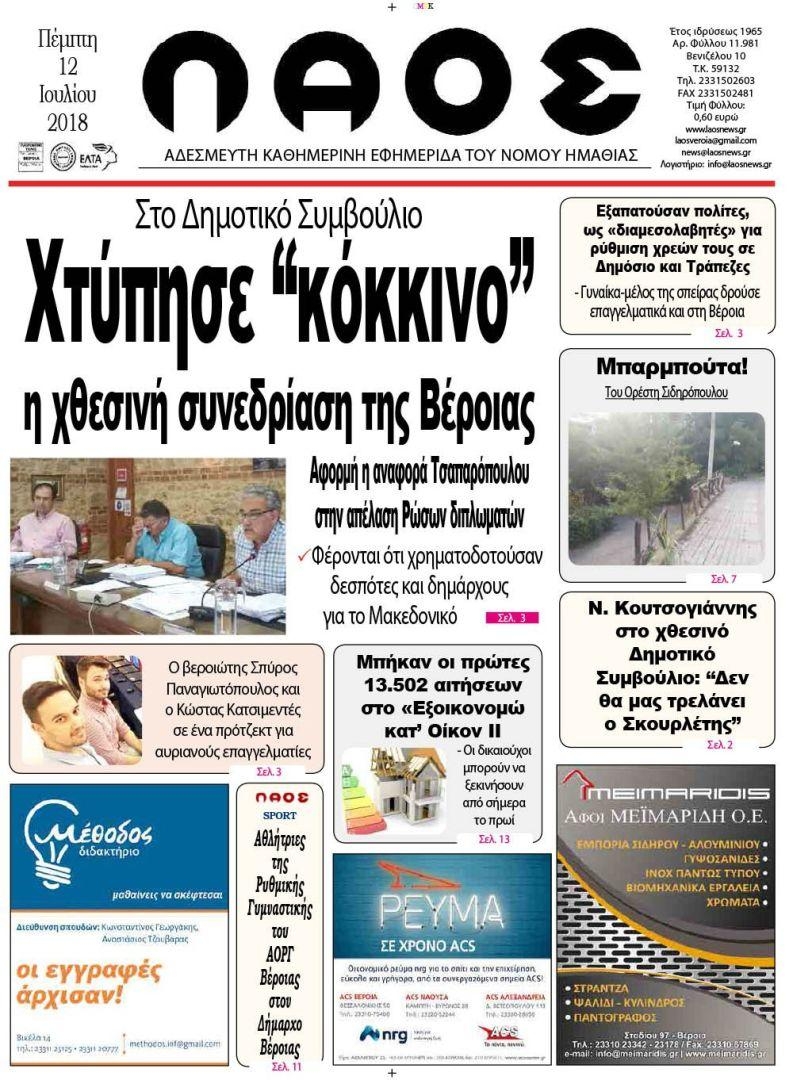 Πρωτοσέλιδο εφημερίδας Λαός Βέροιας