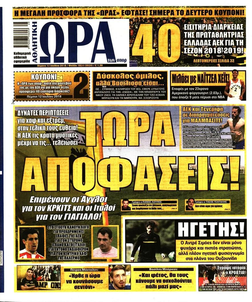 Πρωτοσέλιδο εφημερίδας Η ώρα των Σπορ