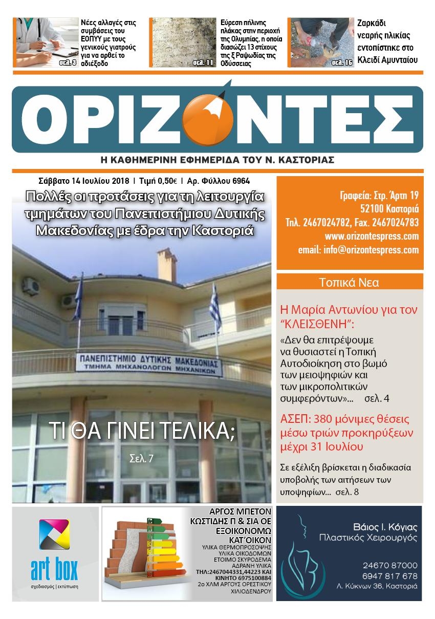 Πρωτοσέλιδο εφημερίδας Ορίζοντες Press 29/09/2026