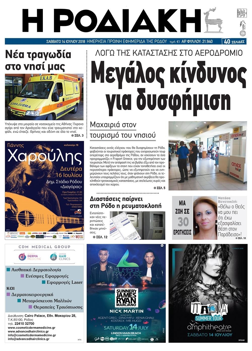 Πρωτοσέλιδο εφημερίδας Ροδιακή 29/09/2026