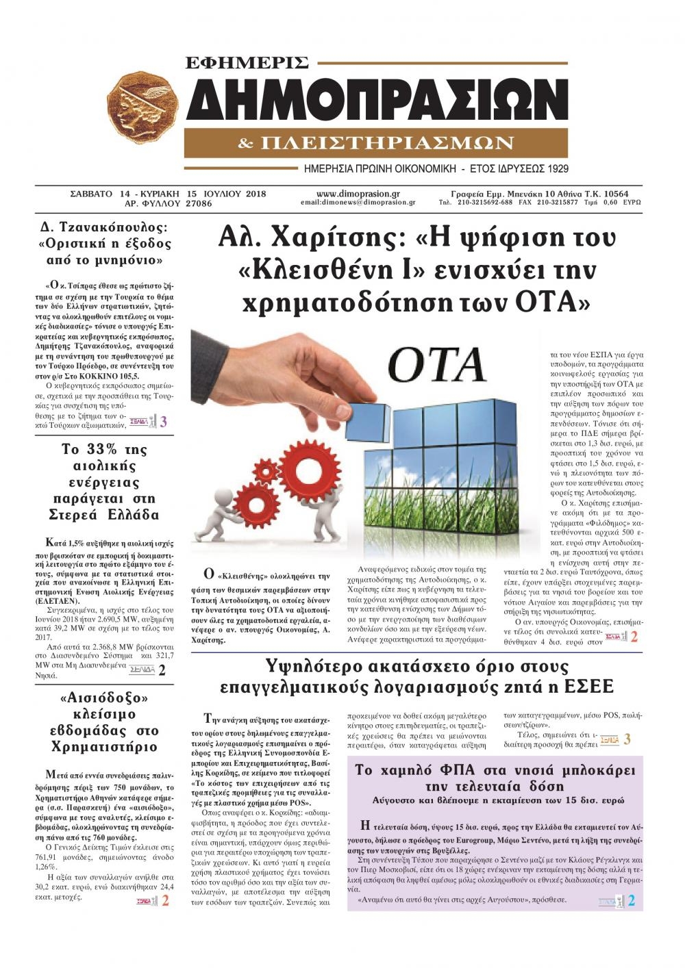 Πρωτοσέλιδο εφημερίδας Δημοπρασιών 30/09/2026