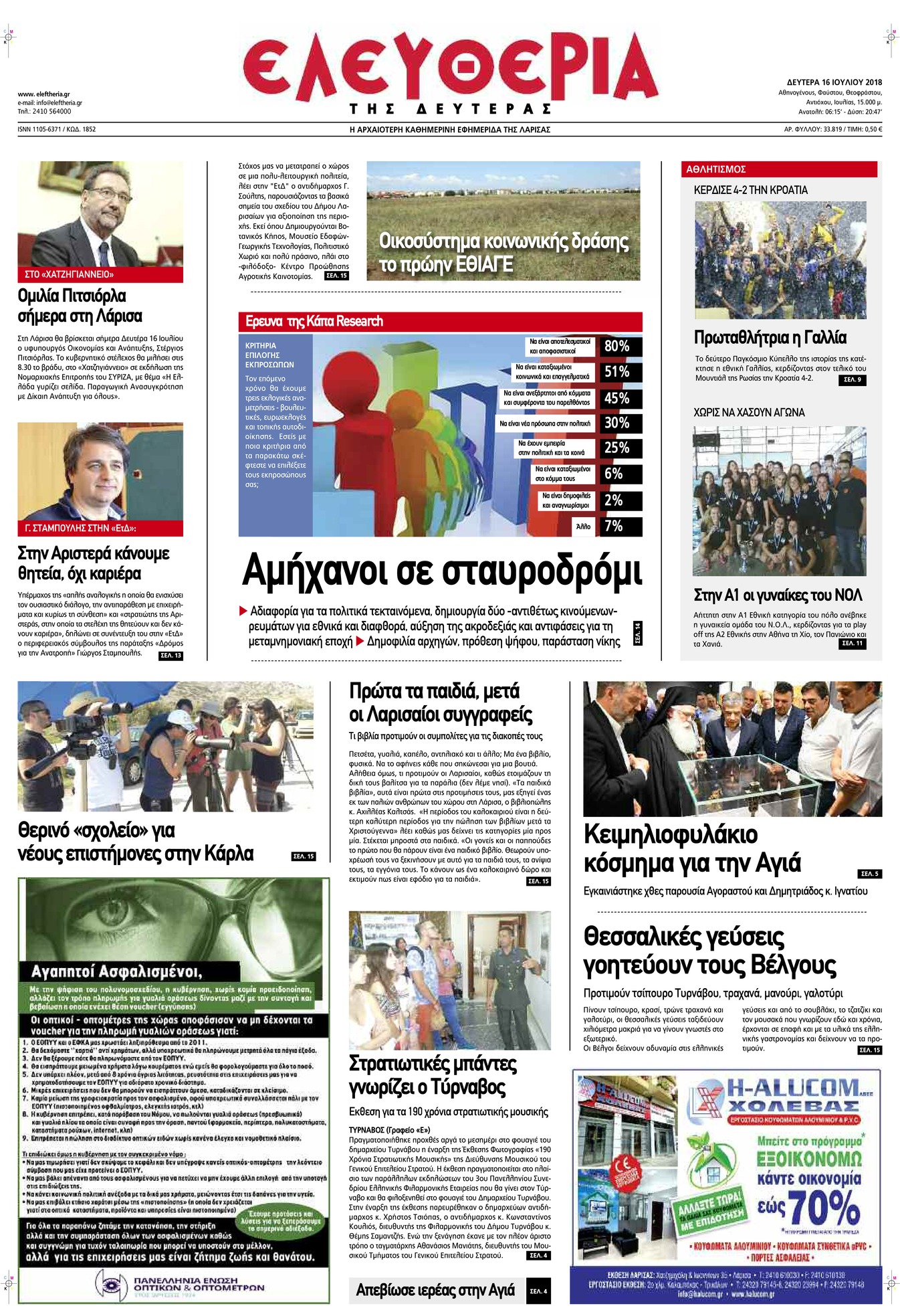 Πρωτοσέλιδο εφημερίδας Ελευθερία Λάρισσας 01/10/2026