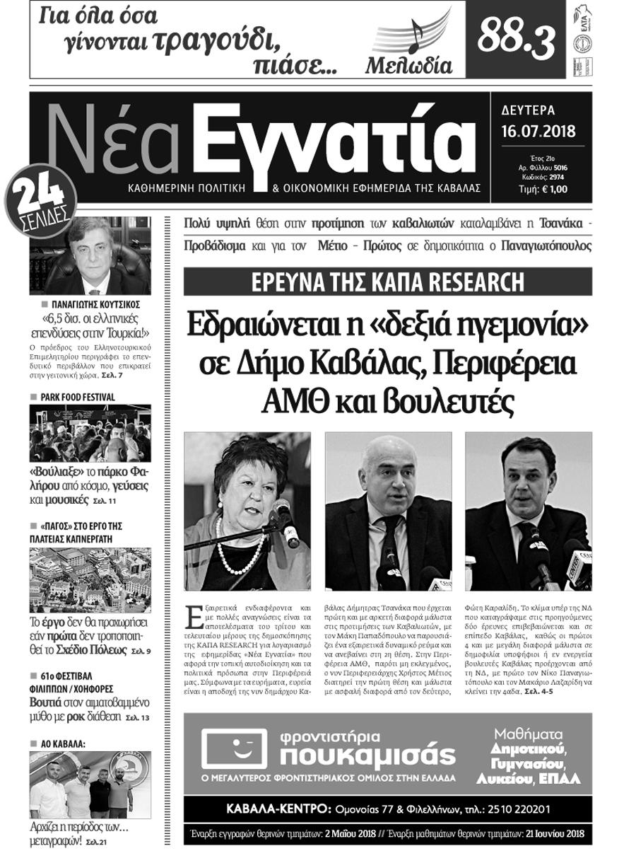 Πρωτοσέλιδο εφημερίδας Νέα Εγνατία 01/10/2026