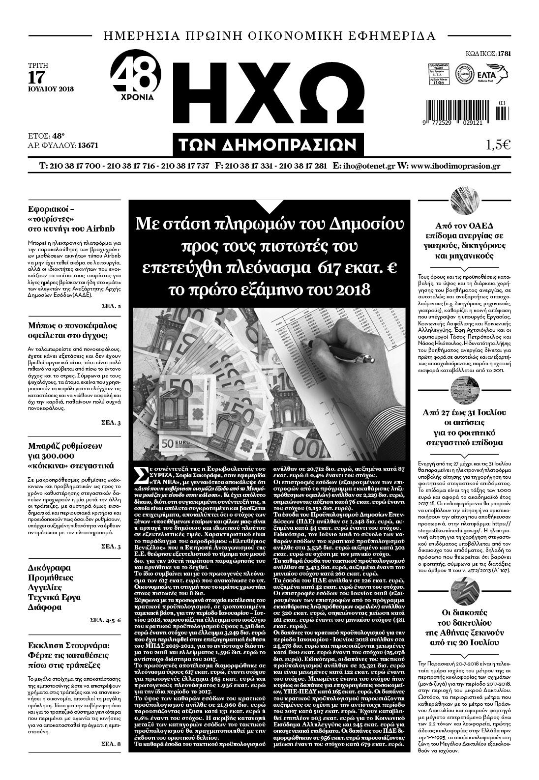 Πρωτοσέλιδο εφημερίδας Ηχώ 02/10/2026