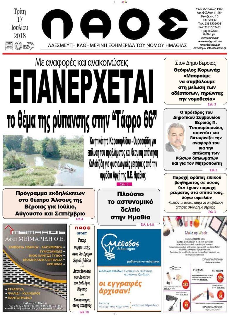 Πρωτοσέλιδο εφημερίδας Λαός Βέροιας 02/10/2026