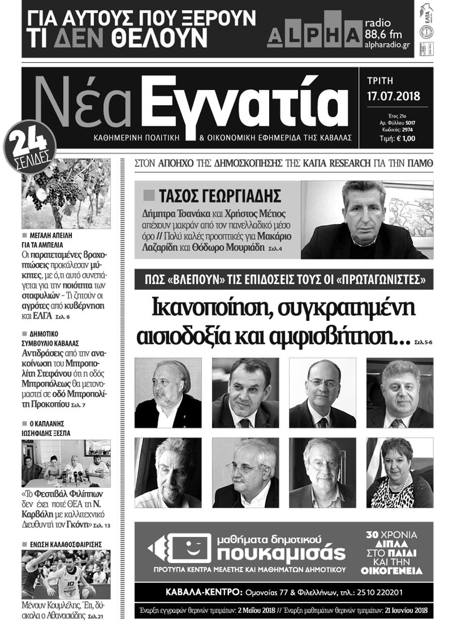 Πρωτοσέλιδο εφημερίδας Νέα Εγνατία 02/10/2026