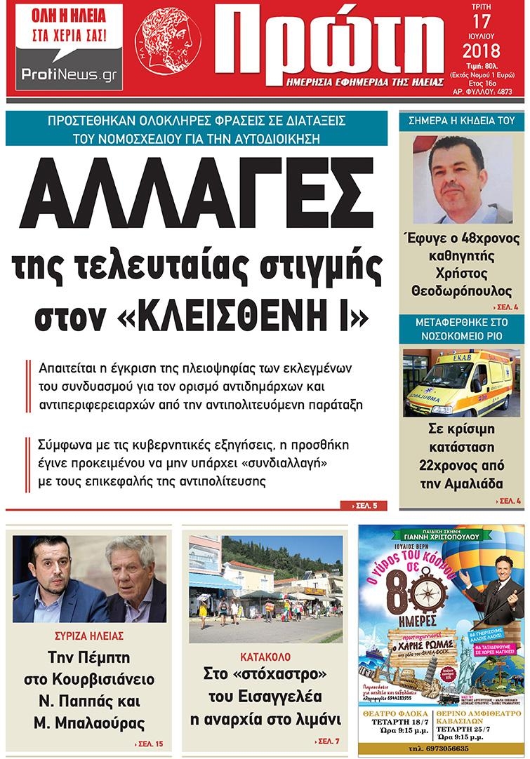 Πρωτοσέλιδο εφημερίδας Πρώτη 02/10/2026
