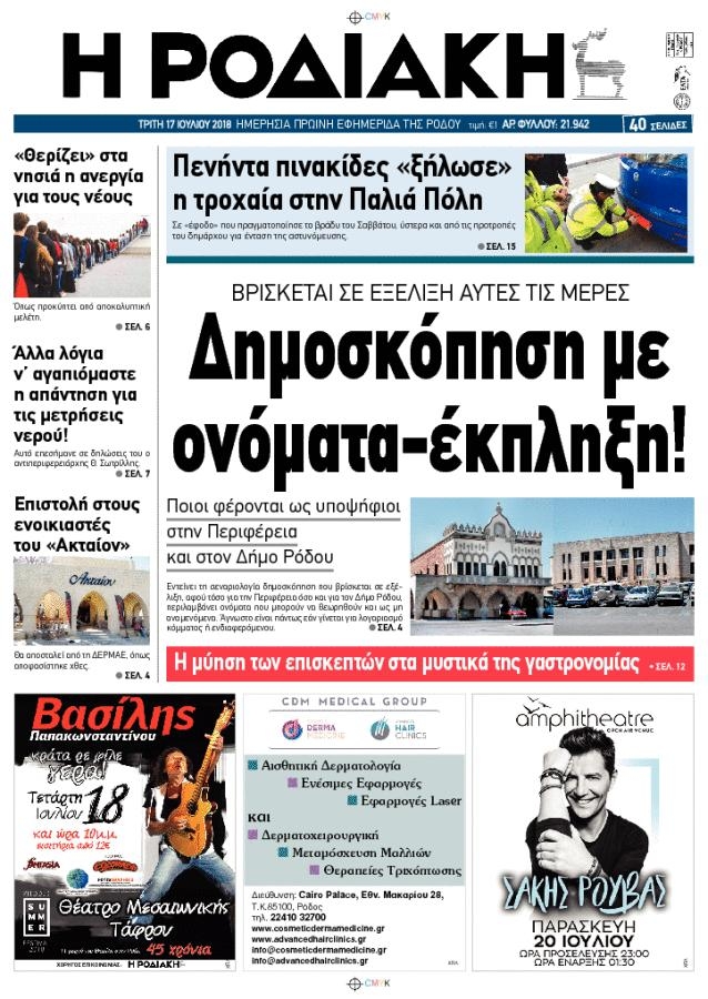 Πρωτοσέλιδο εφημερίδας Ροδιακή 02/10/2026