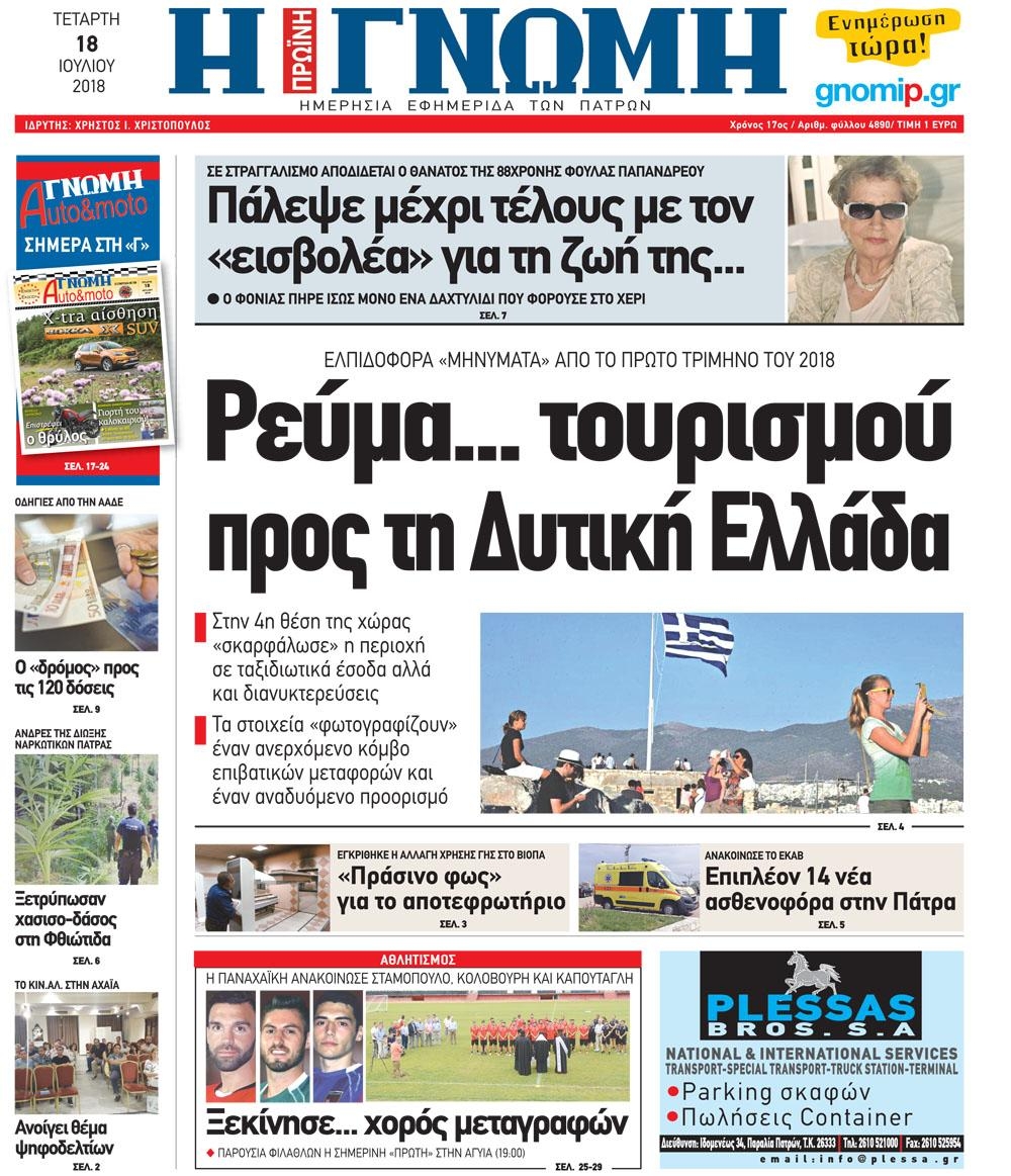 Πρωτοσέλιδο εφημερίδας Γνώμη της Πάτρας 04/10/2026