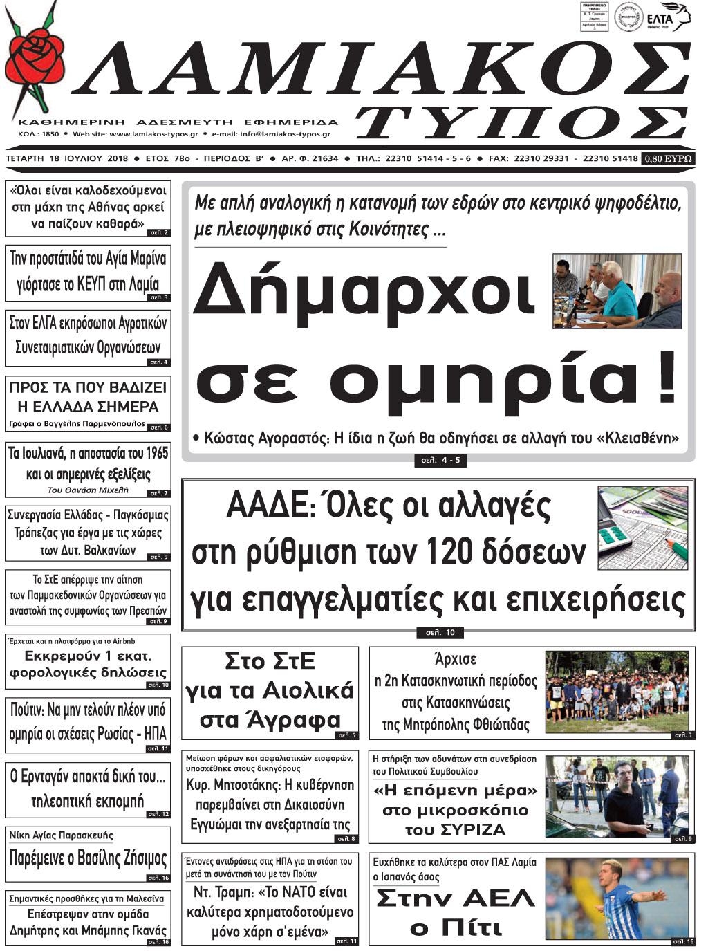 Πρωτοσέλιδο εφημερίδας Λαμιακός Τύπος 03/10/2026