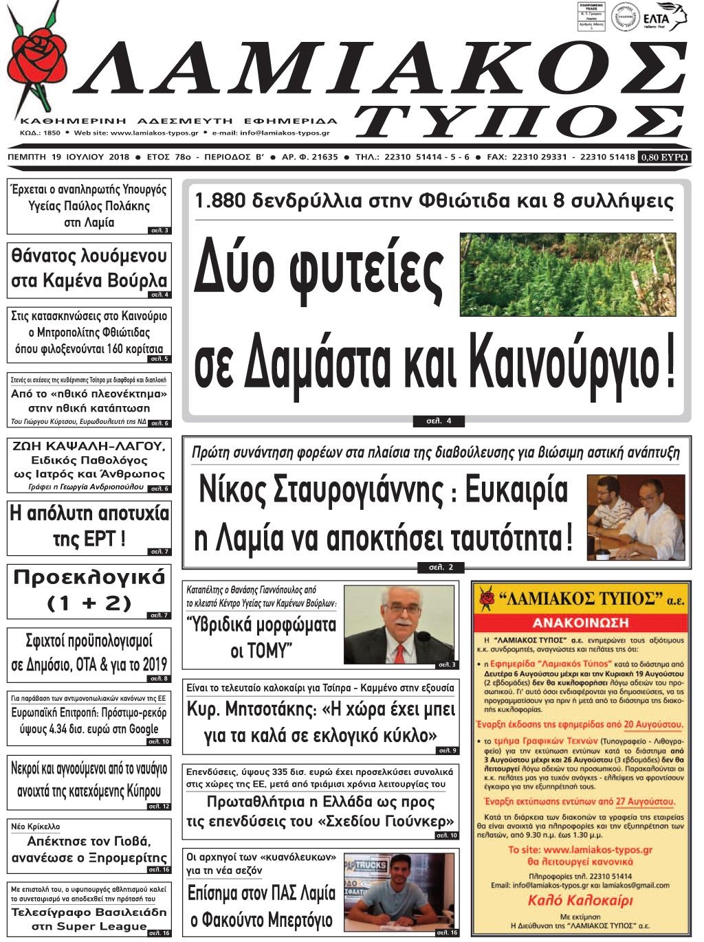 Πρωτοσέλιδο εφημερίδας Λαμιακός Τύπος 04/10/2026