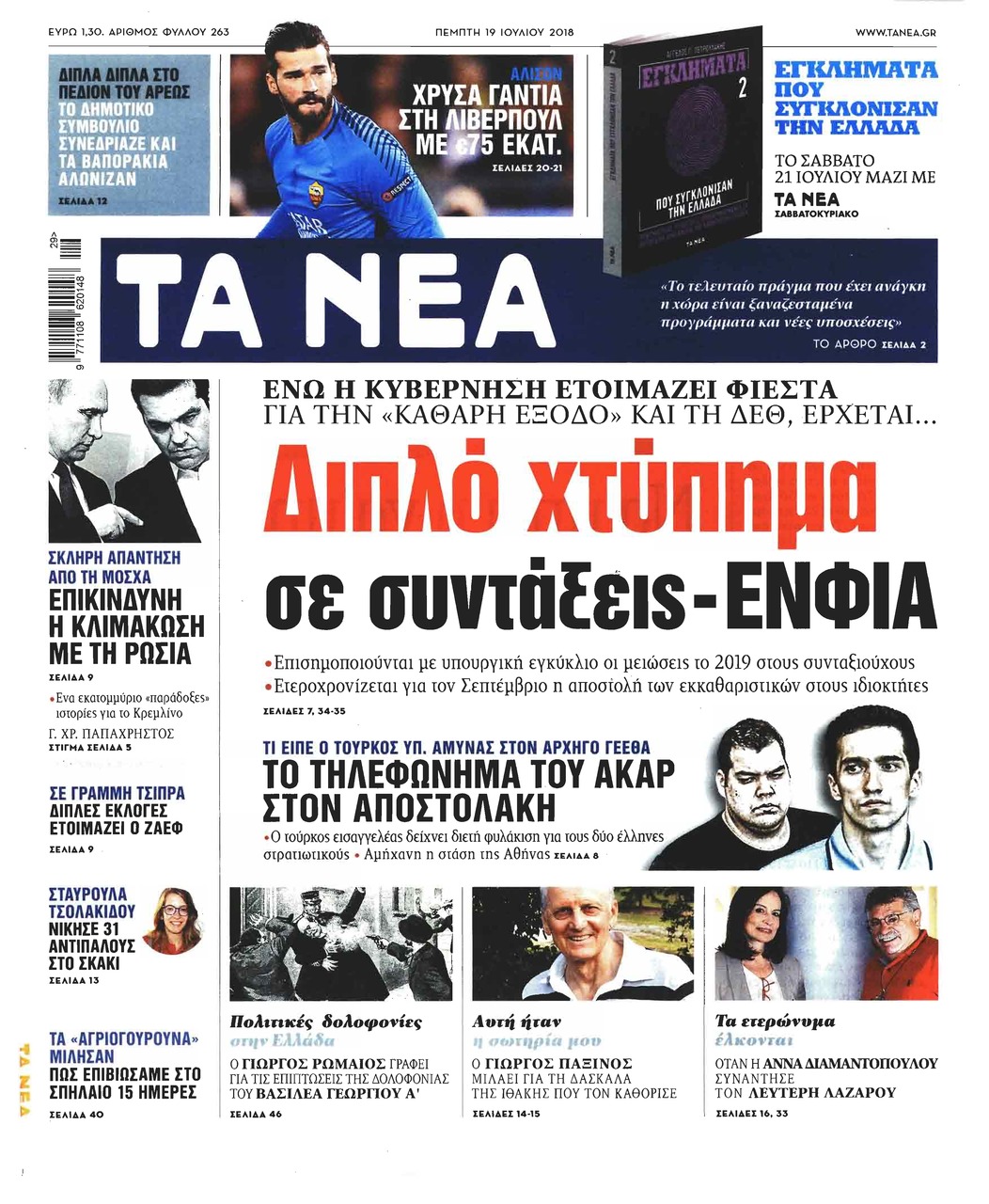 Πρωτοσέλιδο εφημερίδας Τα Νέα 04/10/2026