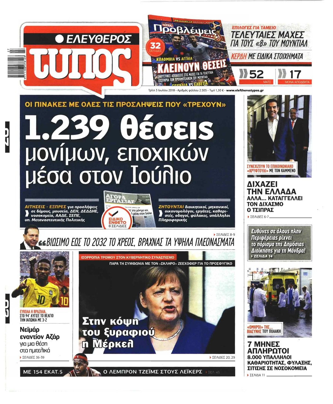 Πρωτοσέλιδο εφημερίδας Ελεύθερος Τύπος 18/09/2026