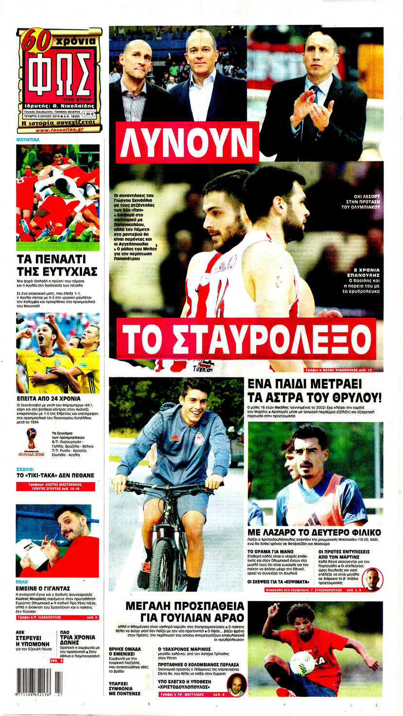 Πρωτοσέλιδο εφημερίδας Φως των σπορ 19/09/2026