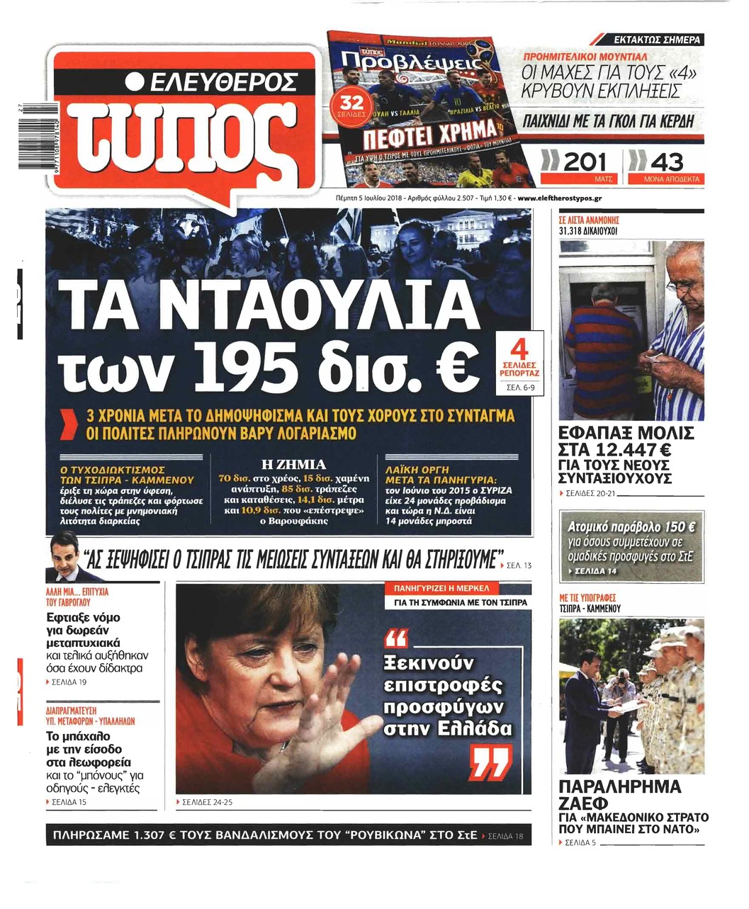 Πρωτοσέλιδο εφημερίδας Ελεύθερος Τύπος 20/09/2026