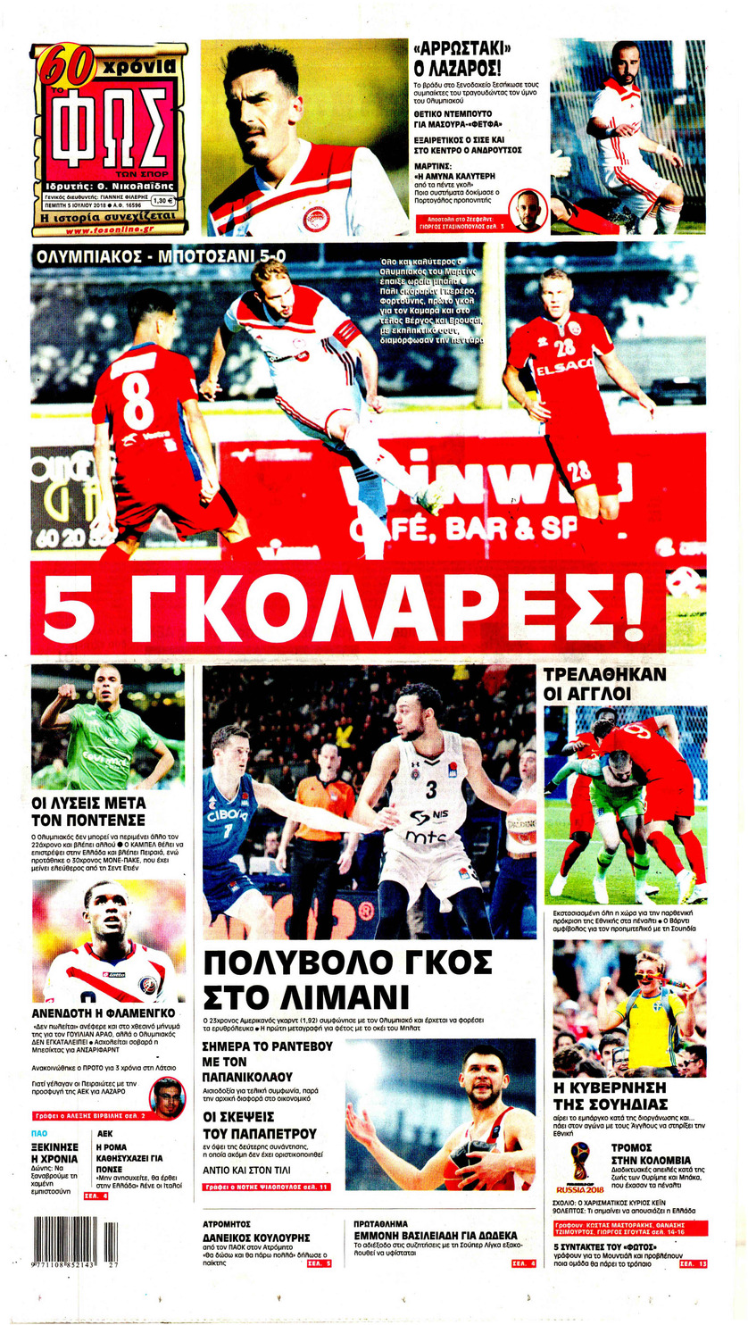 Πρωτοσέλιδο εφημερίδας Φως των σπορ 20/09/2026