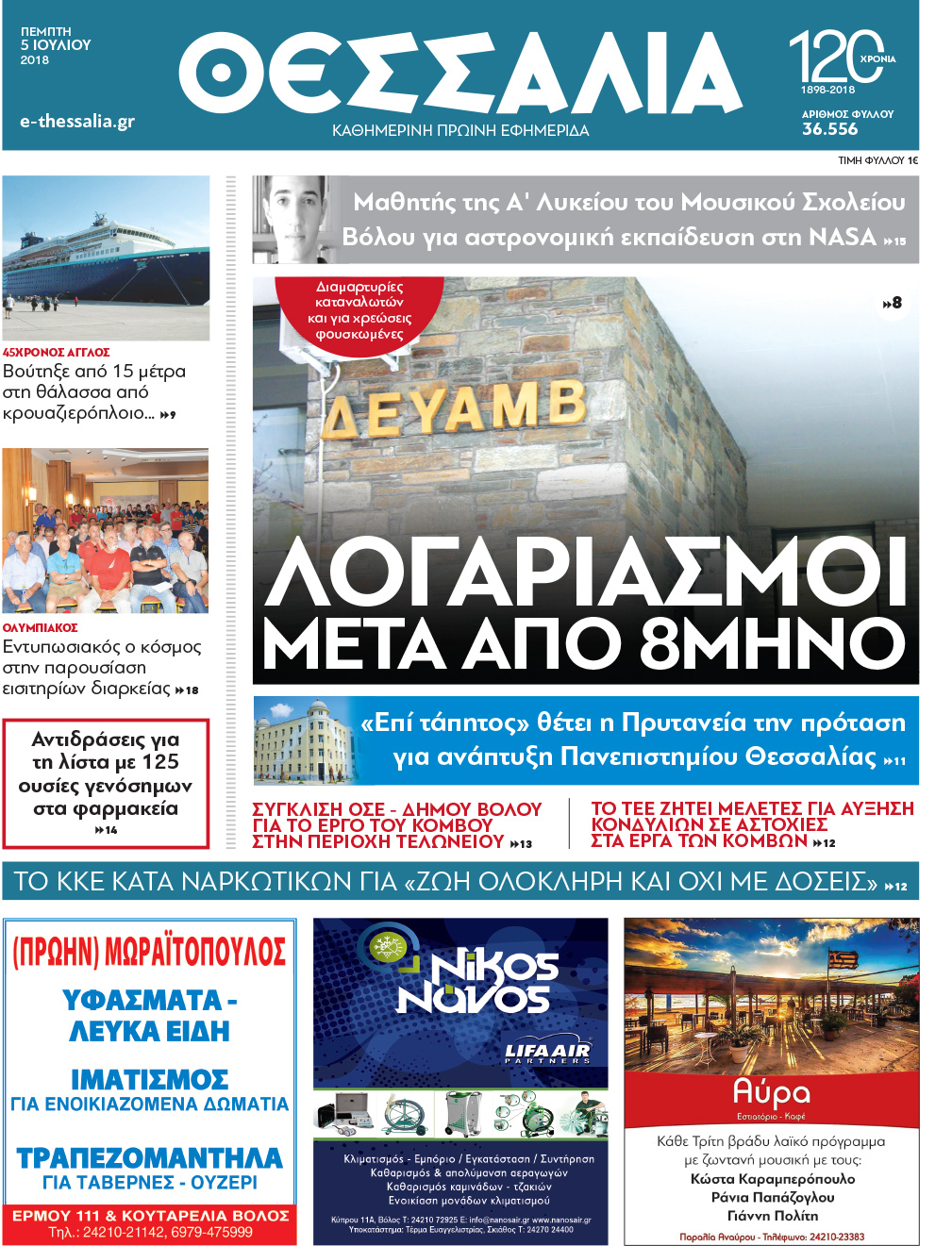 Πρωτοσέλιδο εφημερίδας Θεσσαλία 20/09/2026