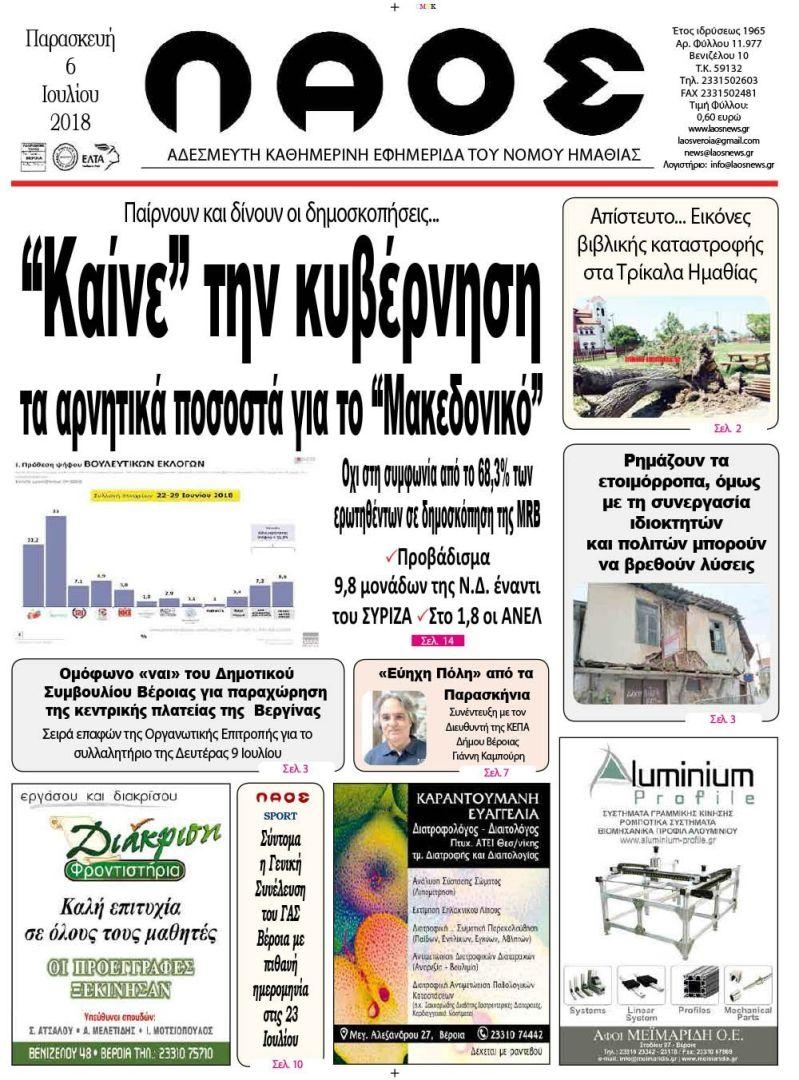 Πρωτοσέλιδο εφημερίδας Λαός Βέροιας 21/09/2026